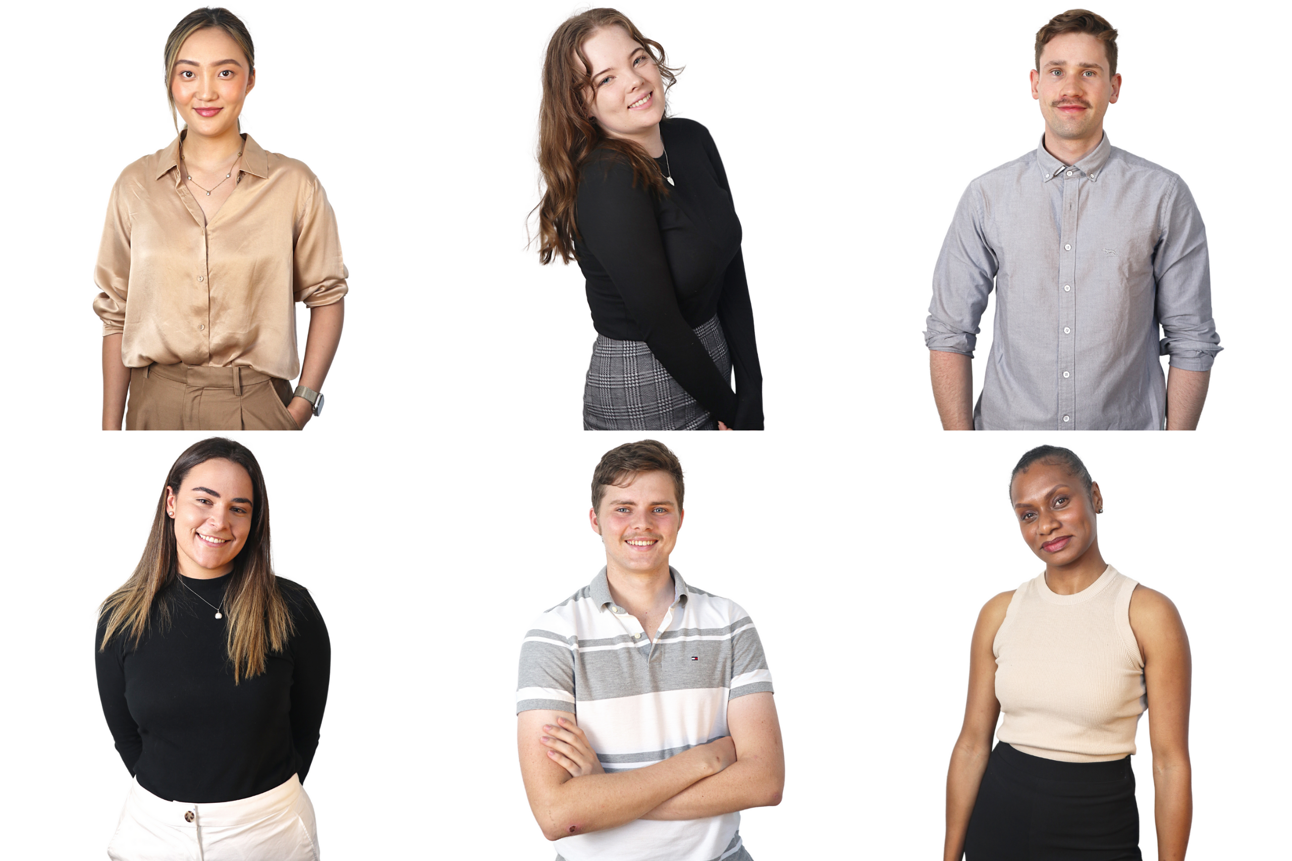 Collage of six images of people smiling at the camera